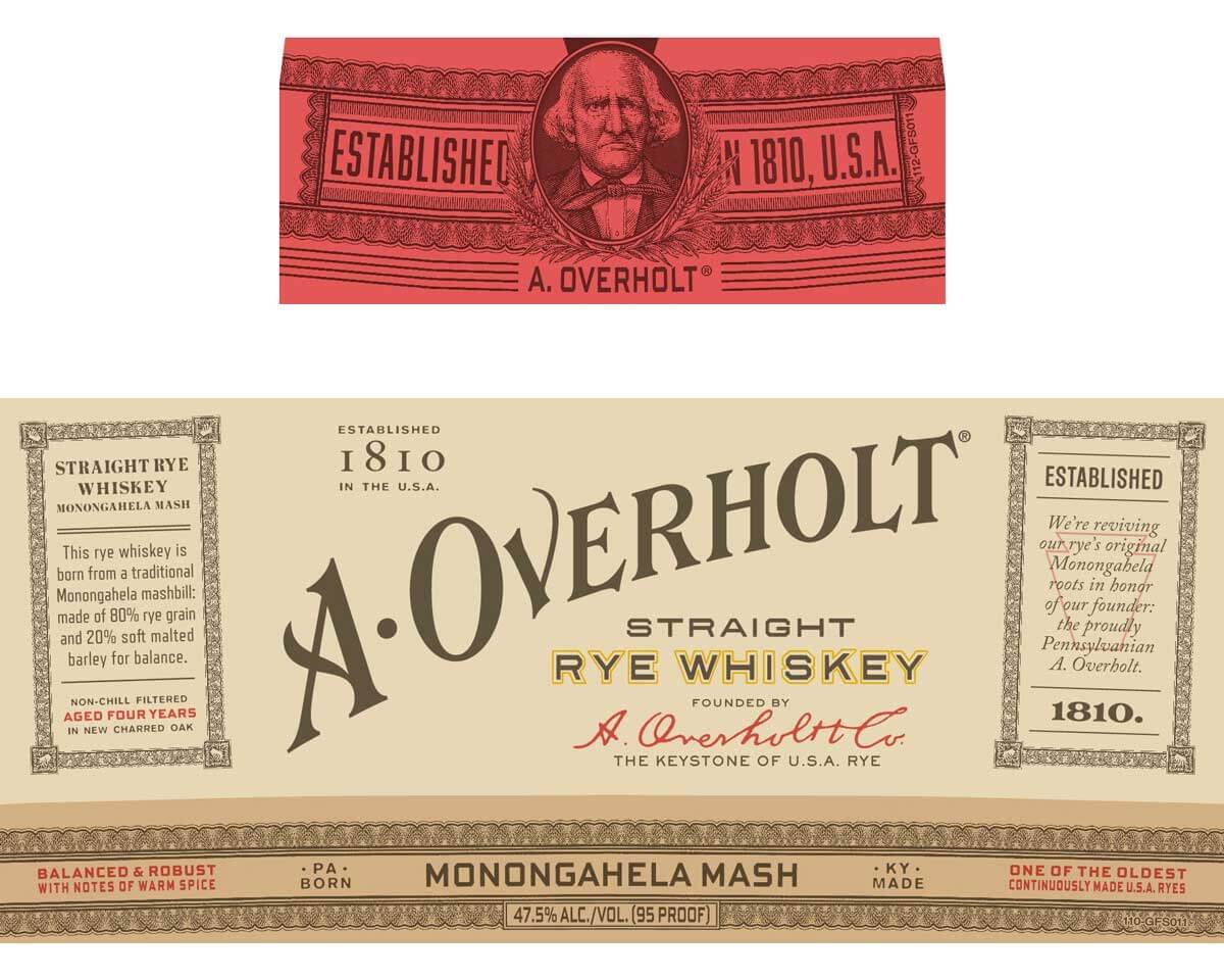 A. Overholt Monongahela Mash Rye front and neck label